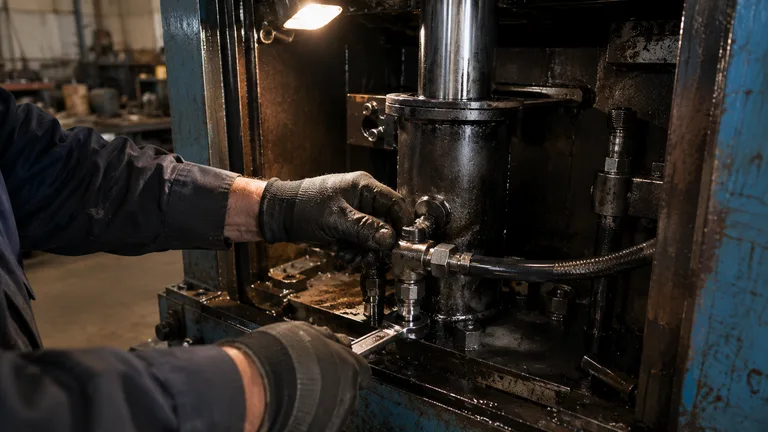 Gloved hands fitting a new hydraulic hose on a cardboard baler ram cylinder