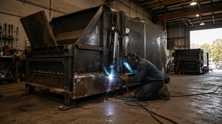 Welder repairing the lower steel panel of a self-contained commercial trash compactor