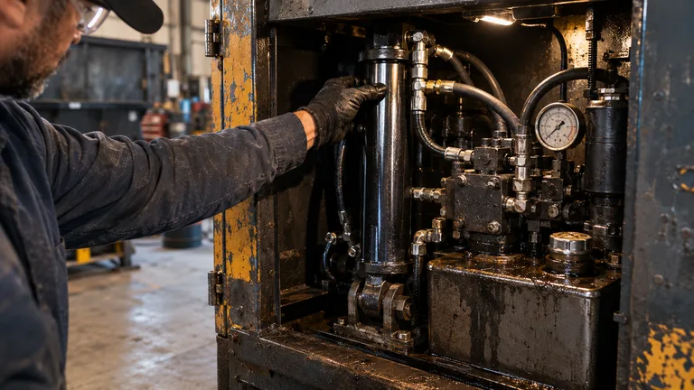 Hydraulic cylinder and power unit of a commercial compactor being serviced