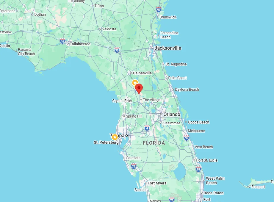 Service area map showing 120-mile pickup and delivery radius from North Florida Container shop in Ocala FL