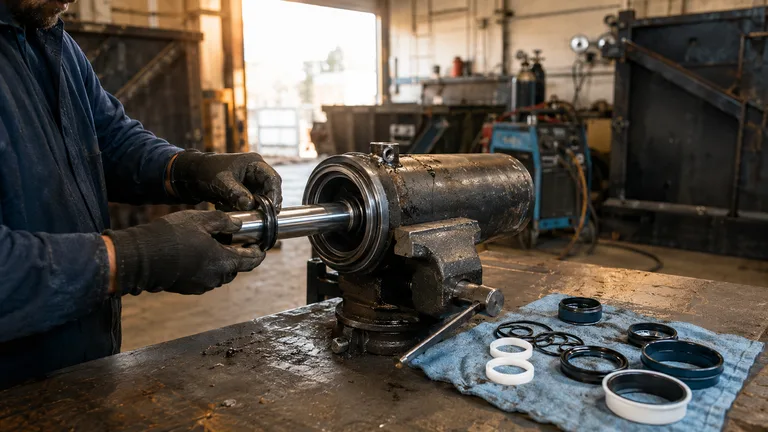 Hydraulic cylinder clamped in a bench vise being fitted with a new seal kit