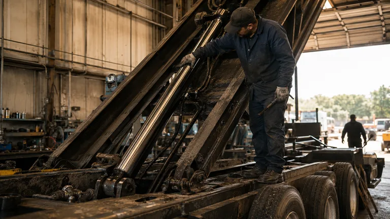Technician inspecting hoist rails on a roll-off truck at North Florida Container's Ocala shop