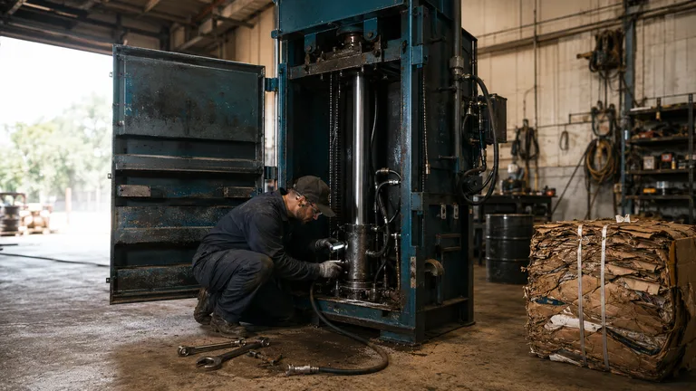 Technician inspecting the hydraulic ram of a vertical cardboard baler with the door open